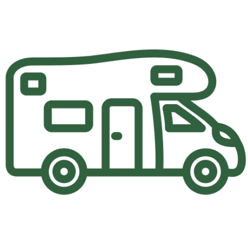 Green outline of a camper van icon.