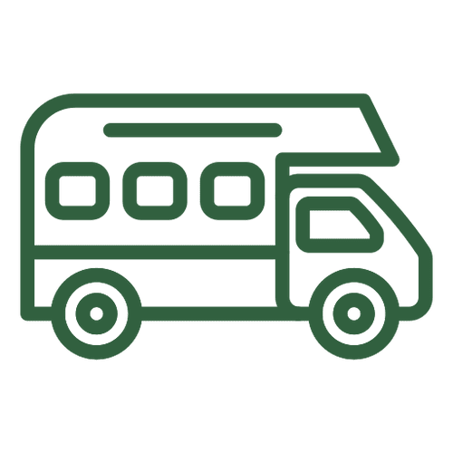 Green camper van icon on black background.