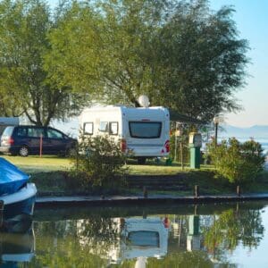 Peaceful lakeside camping scene