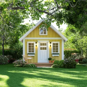 Yellow cottage surrounded by lush green garden.
