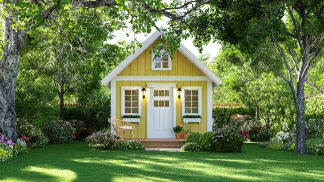 Yellow cottage surrounded by lush green garden.