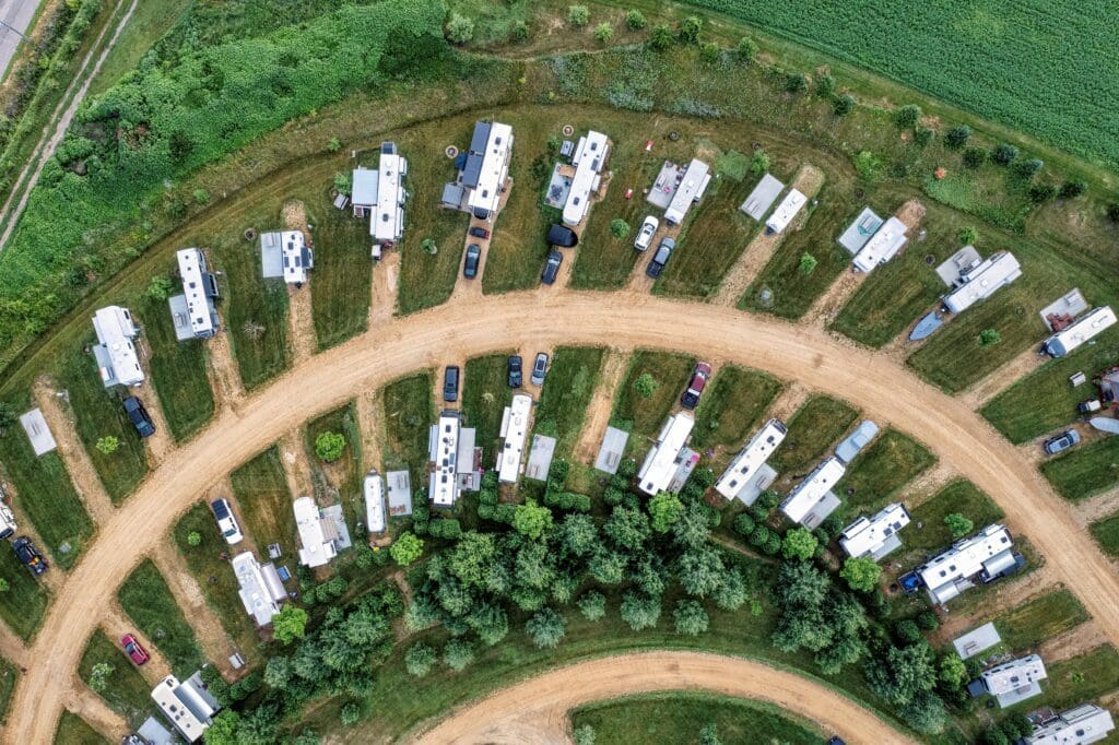Aerial view of RVs in a campground.