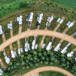 Aerial view of RVs in a campground.