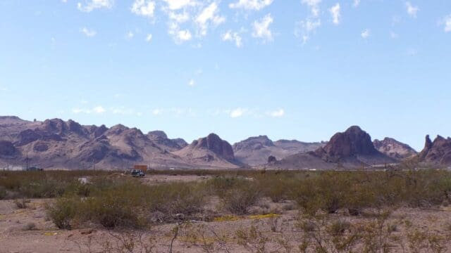 Desert landscape with mountains and sparse vegetation.